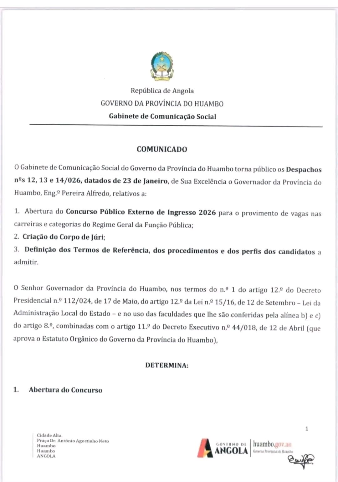 CONCURSO PÚBLICO: 384 VAGAS DISPONÍVEIS NO GOVERNO DA PROVÍNCIA DO HUAMBO 2026